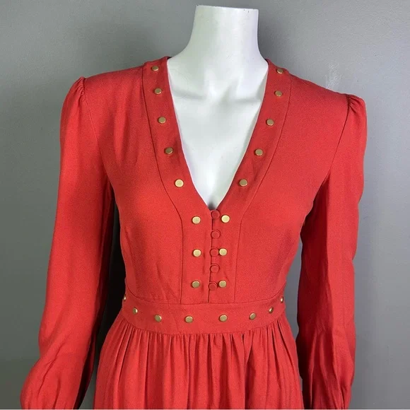 Rachel Zoe dress size 4 long sleeve studded autumn burnt orange feminine puff